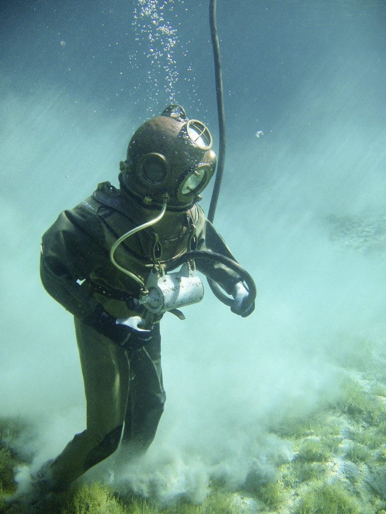 underwater, diver, helmet diver